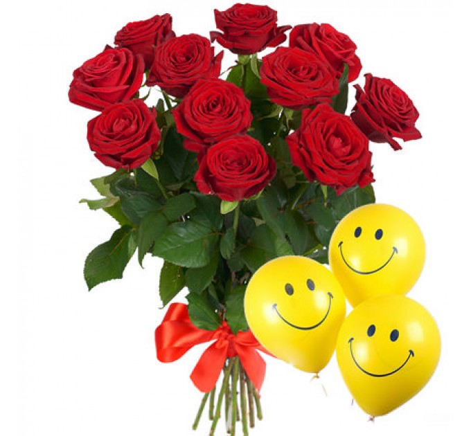 11 красных роз с воздушными шарами