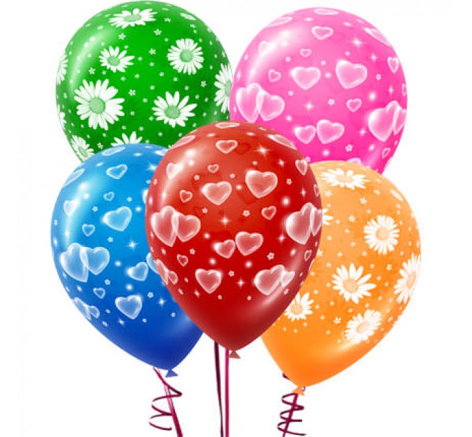 5 різнокольорових кульок з романтичними принтами