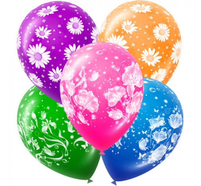 5 різнокольорових кульок (принт – квіти)