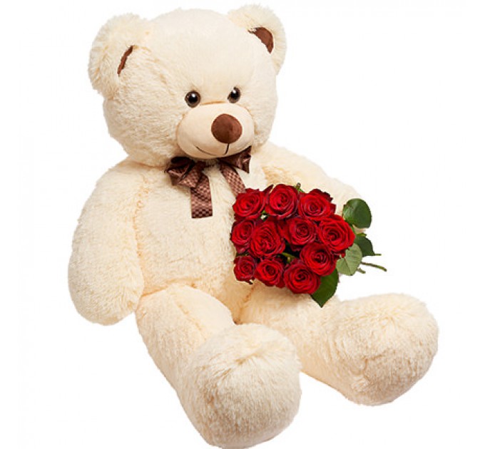Гигантский бежевый мишка и 11 красных роз