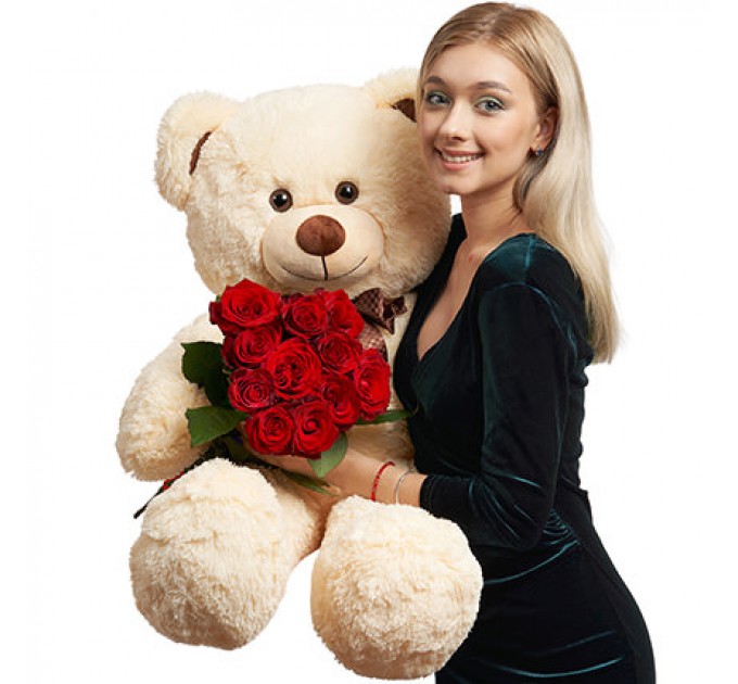 Гигантский бежевый мишка и 11 красных роз