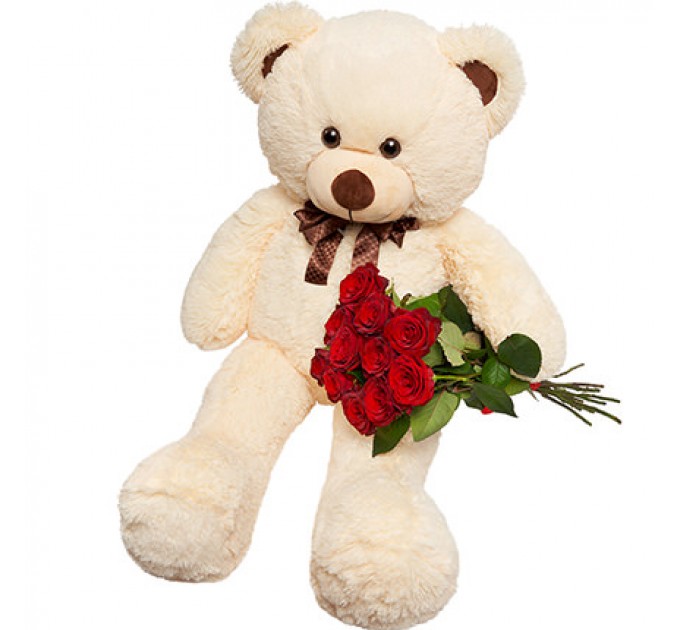 Гигантский бежевый мишка и 11 красных роз