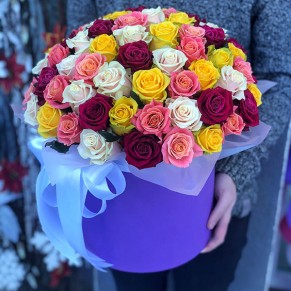 51 троянда мікс у капелюшній коробці (4 кольори)