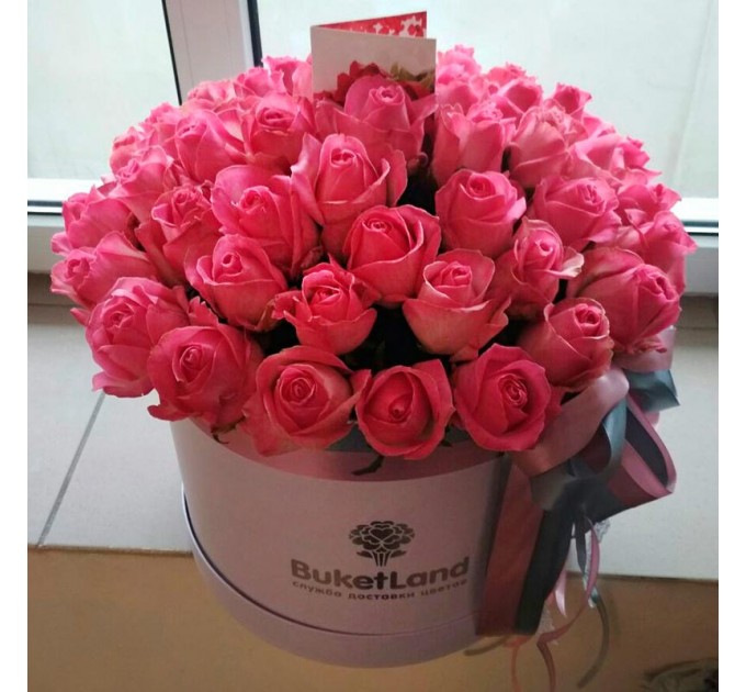51 розовая роза в шляпной коробке