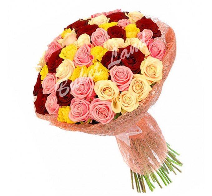 71 роза микс «красно-розово-желто-бежевая» 60 см