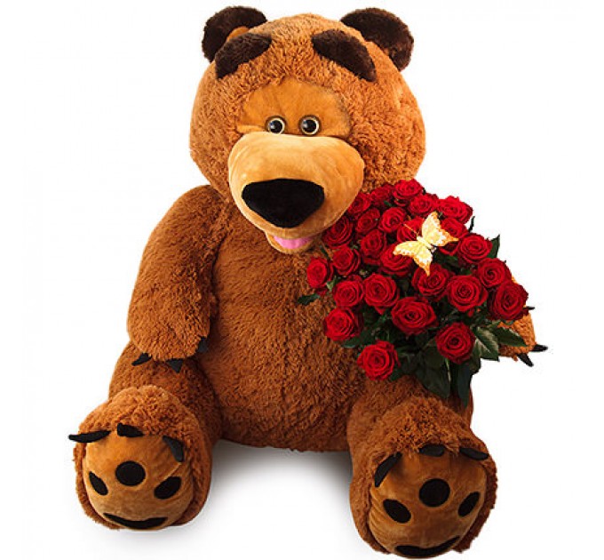 Гигантский мишка (бурый) с розами