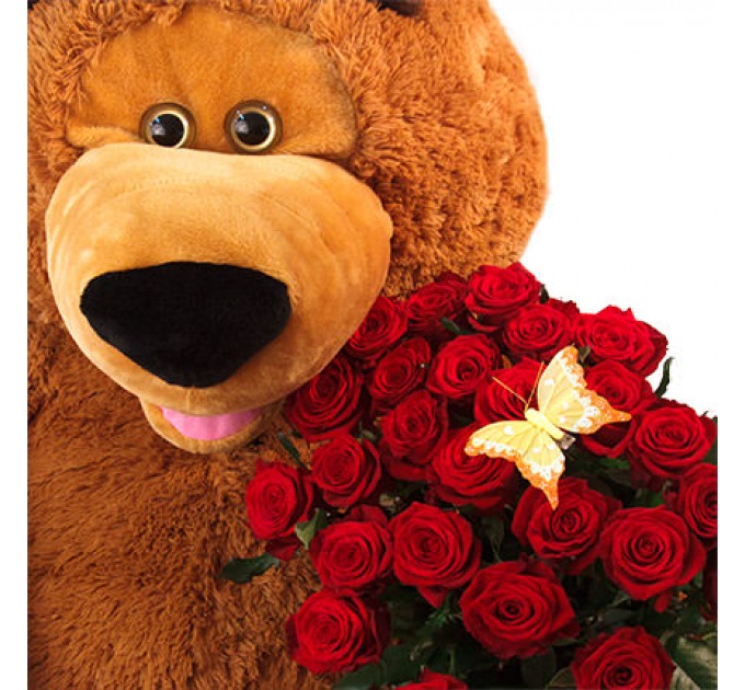 Гигантский мишка (бурый) с розами